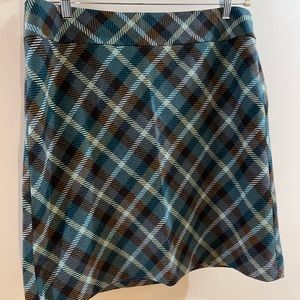 COPY - Talbots teal/chocolate brown plaid skirt. A line, 22 inches long. Side z…